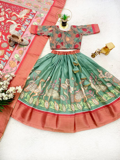 Green color dola silk kalamkari printed lehenga choli with dupatta online