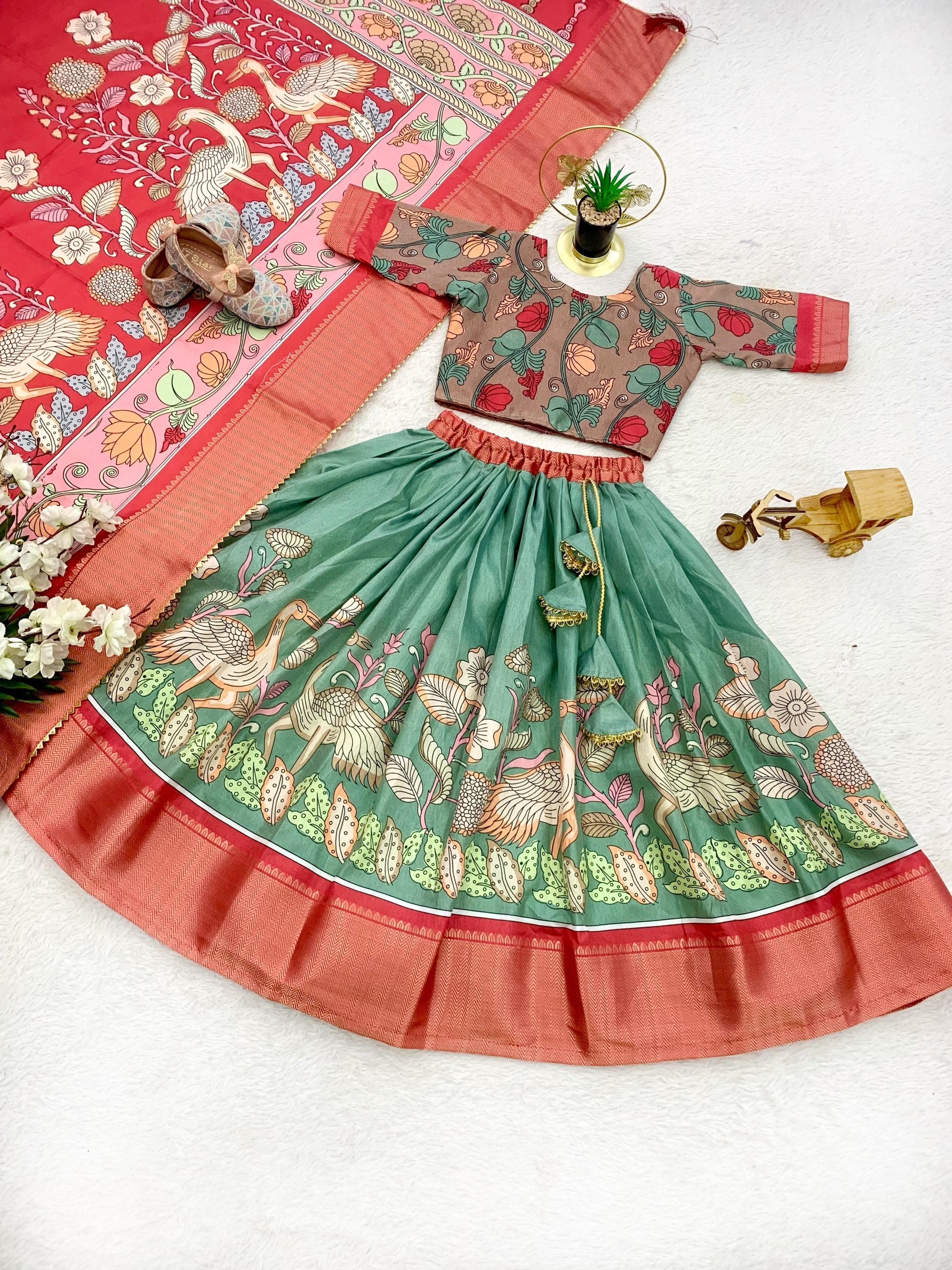 Green color dola silk kalamkari printed lehenga choli with dupatta price