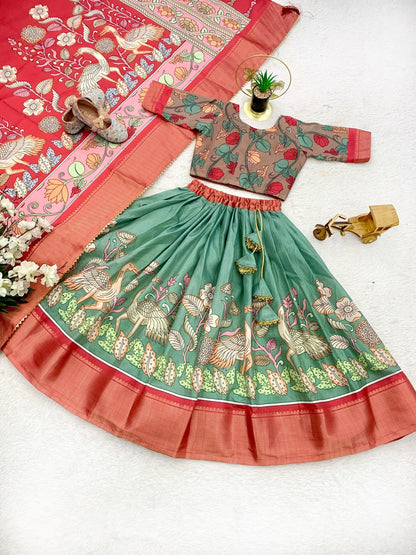 Green color dola silk kalamkari printed lehenga choli with dupatta price