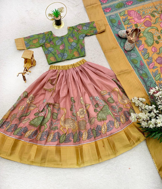 Peach color dola silk lehenga choli for girls
