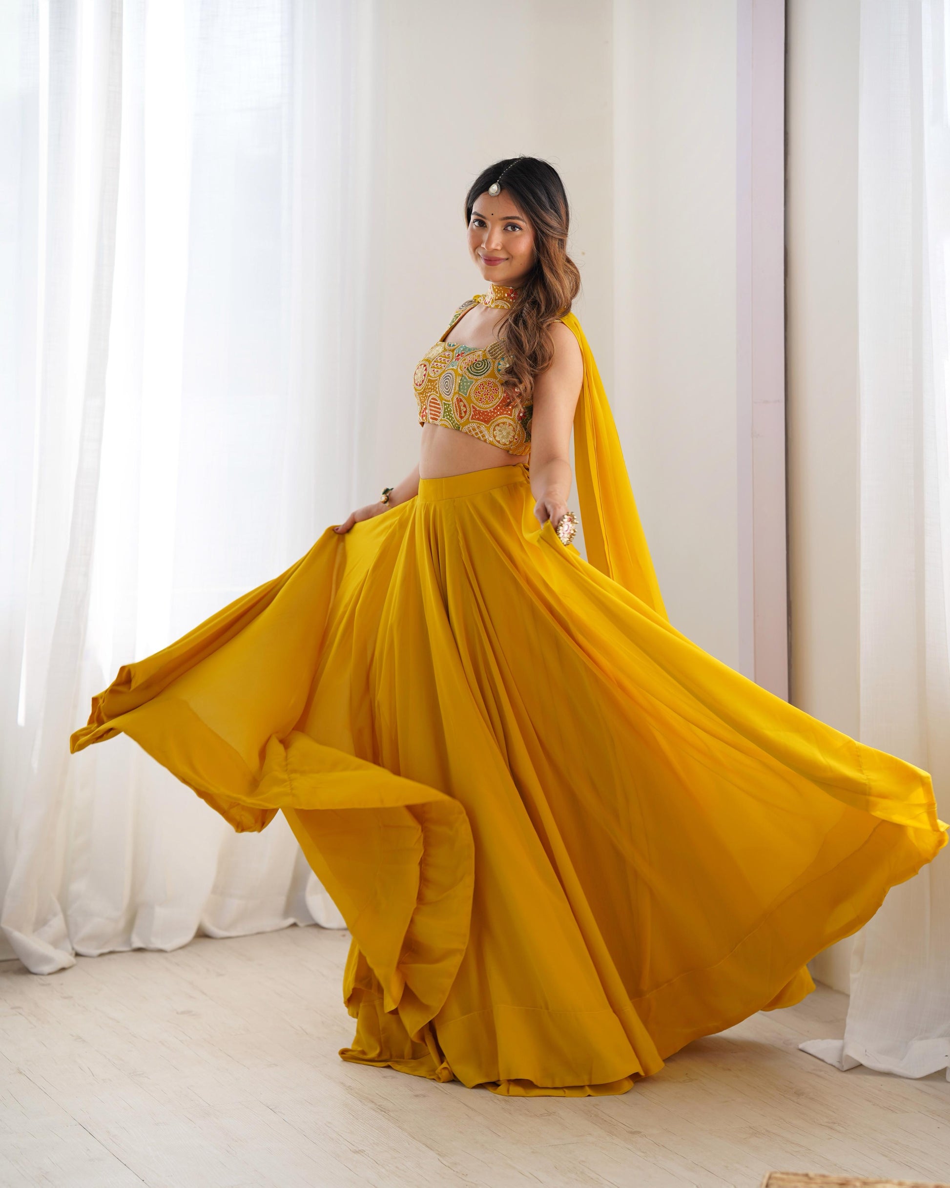 Yellow color georgette lehenga choli with dupatta online shopping