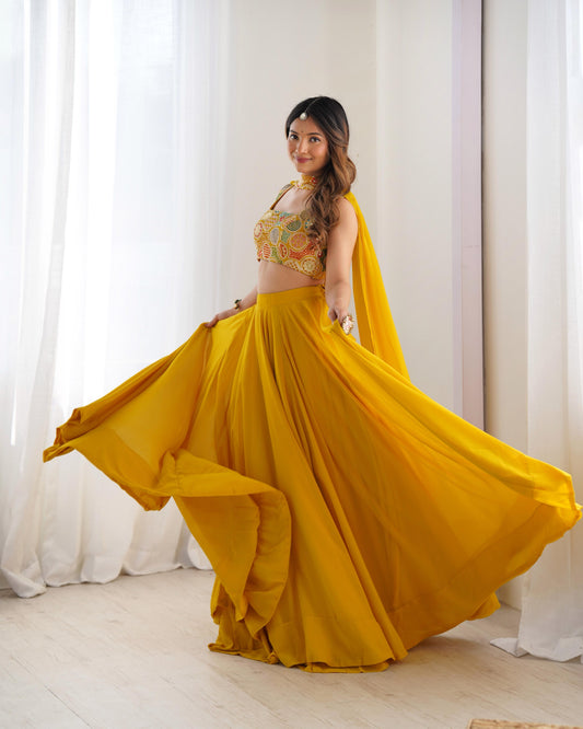 Yellow color georgette lehenga choli with dupatta online shopping