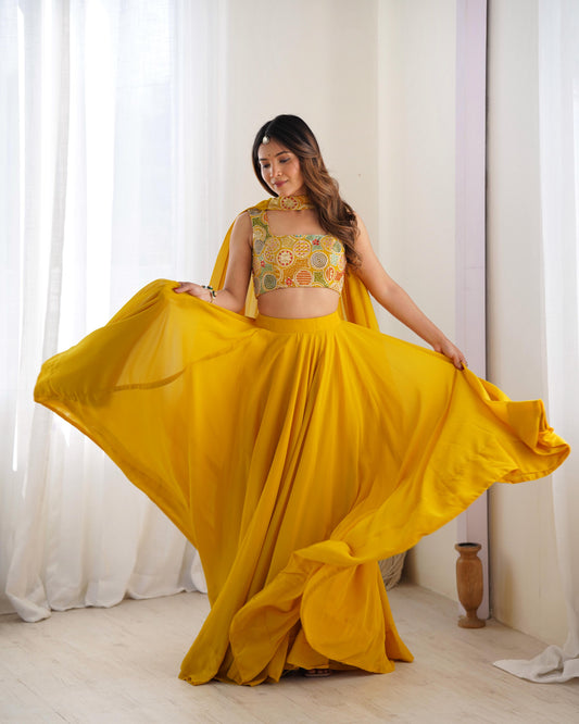 Yellow color georgette lehenga choli for women