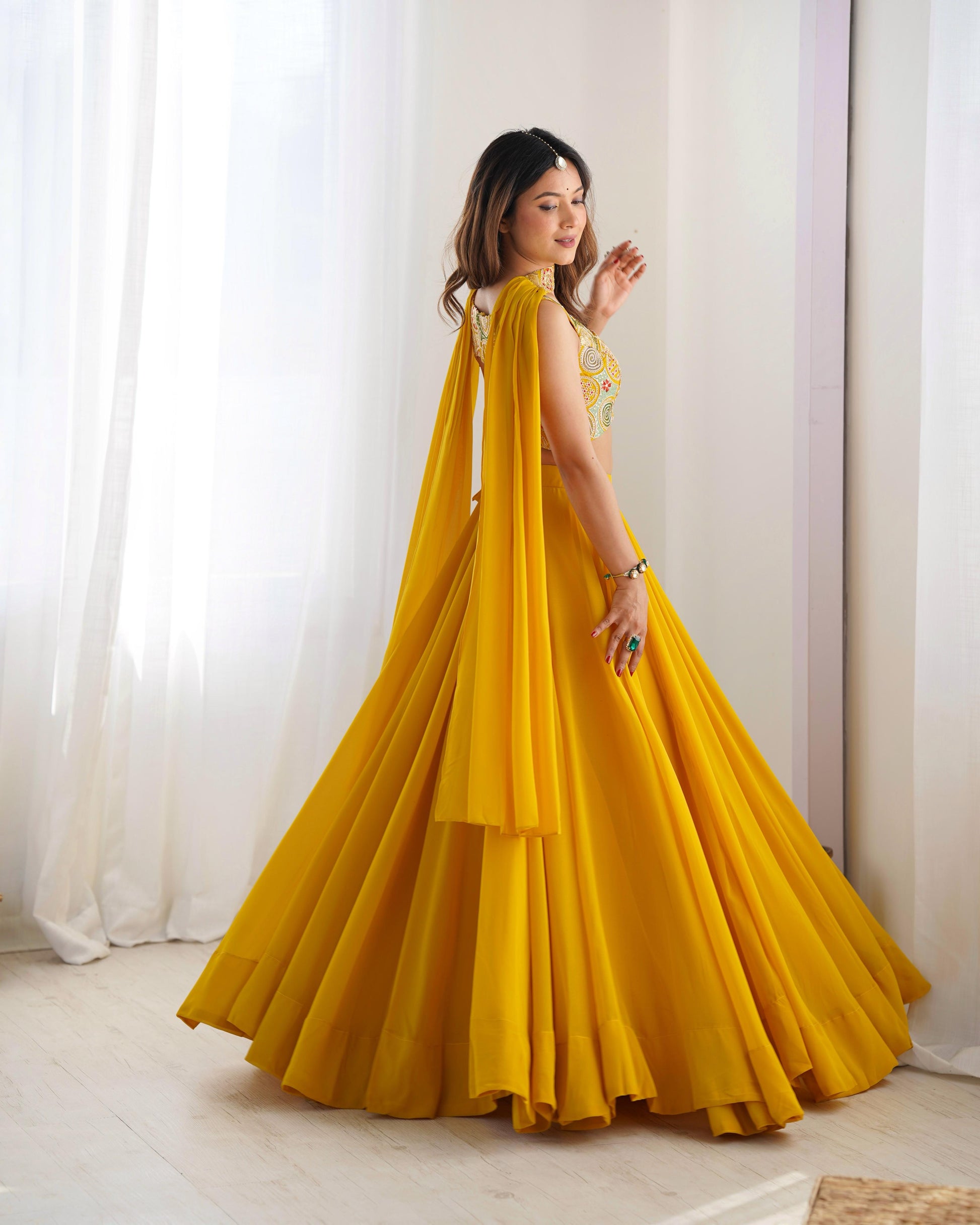 Yellow color georgette lehenga choli with dupatta online 