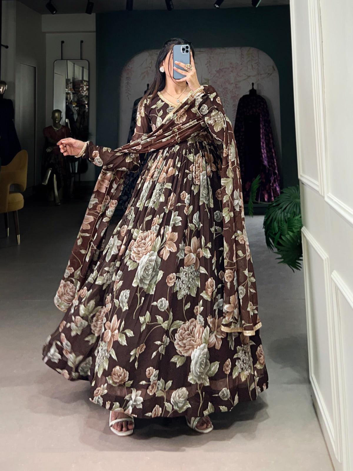 Brown color marbel long gown with dupatta price