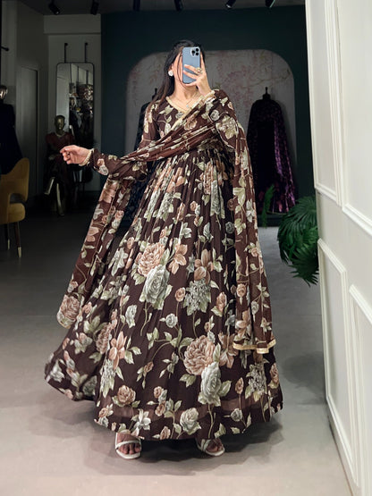 Brown color marbel long gown with dupatta price