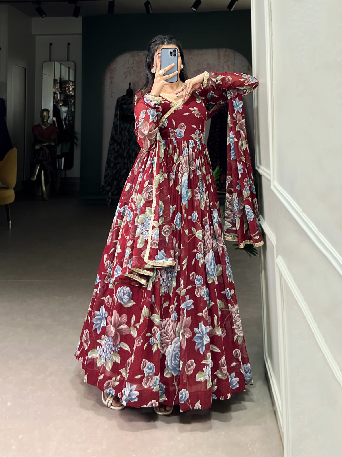 Maroon color marbel long gown with dupatta price