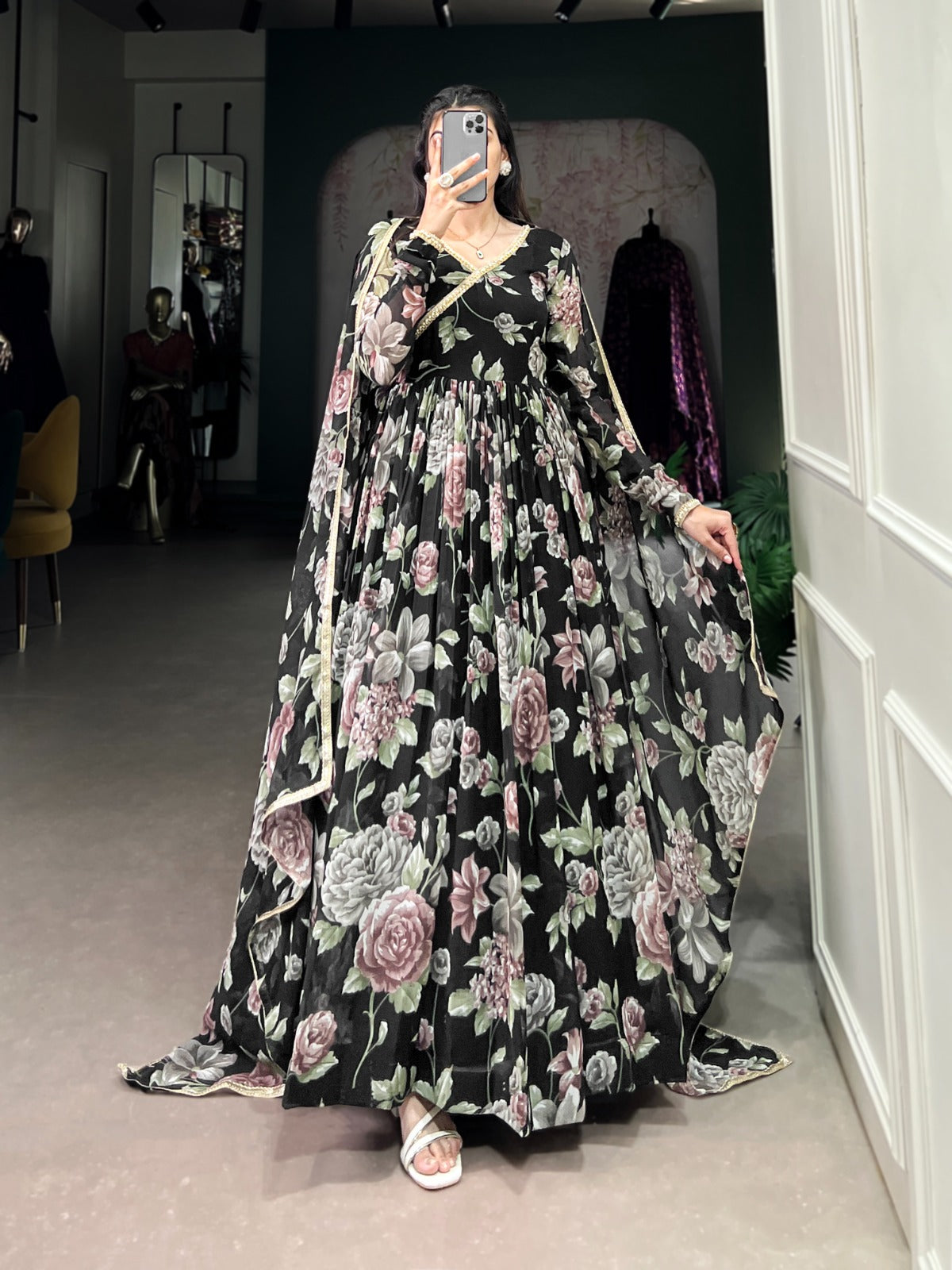 Black color marbel long gown with dupatta price