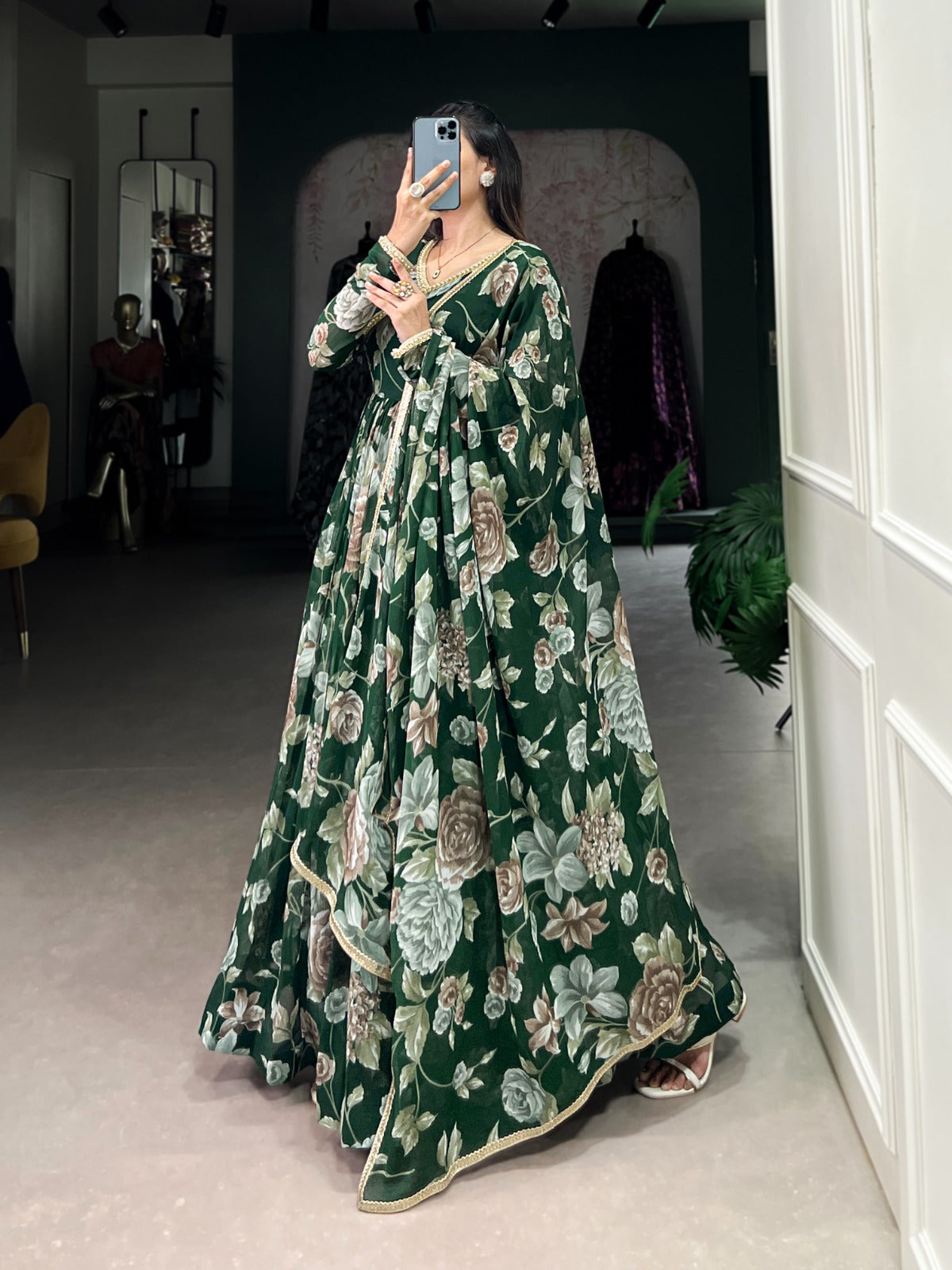 Green color marbel long gown for wedding