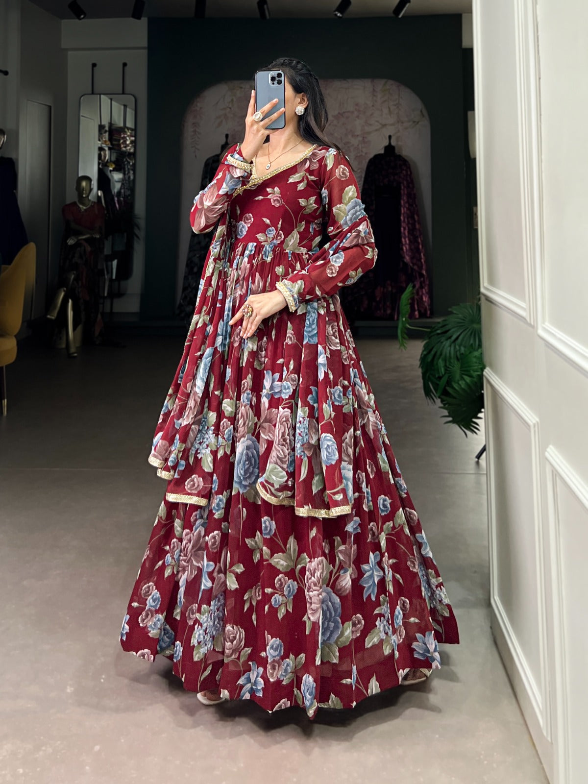 Maroon color marbel long gown with dupatta images