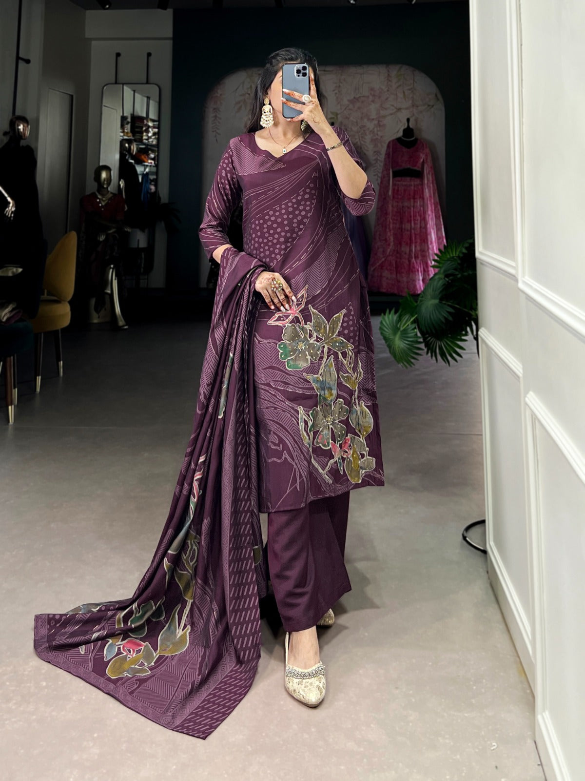 Wine color roman silk salwar suit with dupatta price