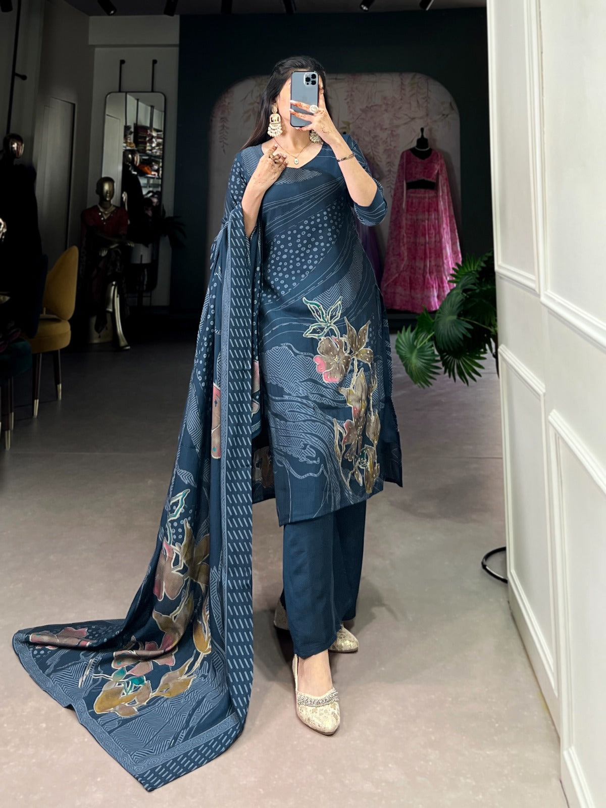 Navy blue color roman silk salwar suit with online shopping