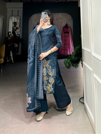 Navy blue color roman silk salwar suit with dupatta images