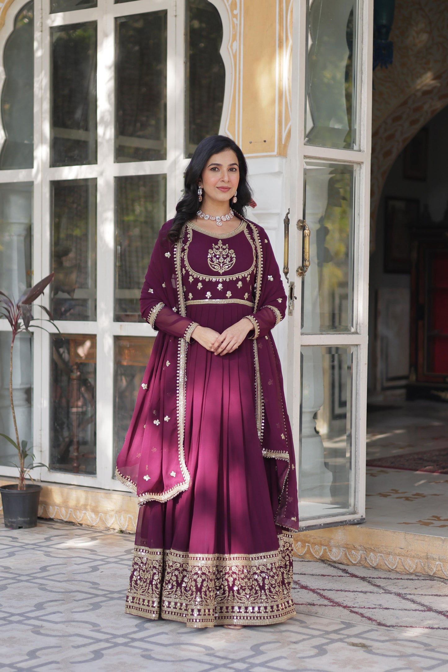 Wine color georgette long gown with dupatta online