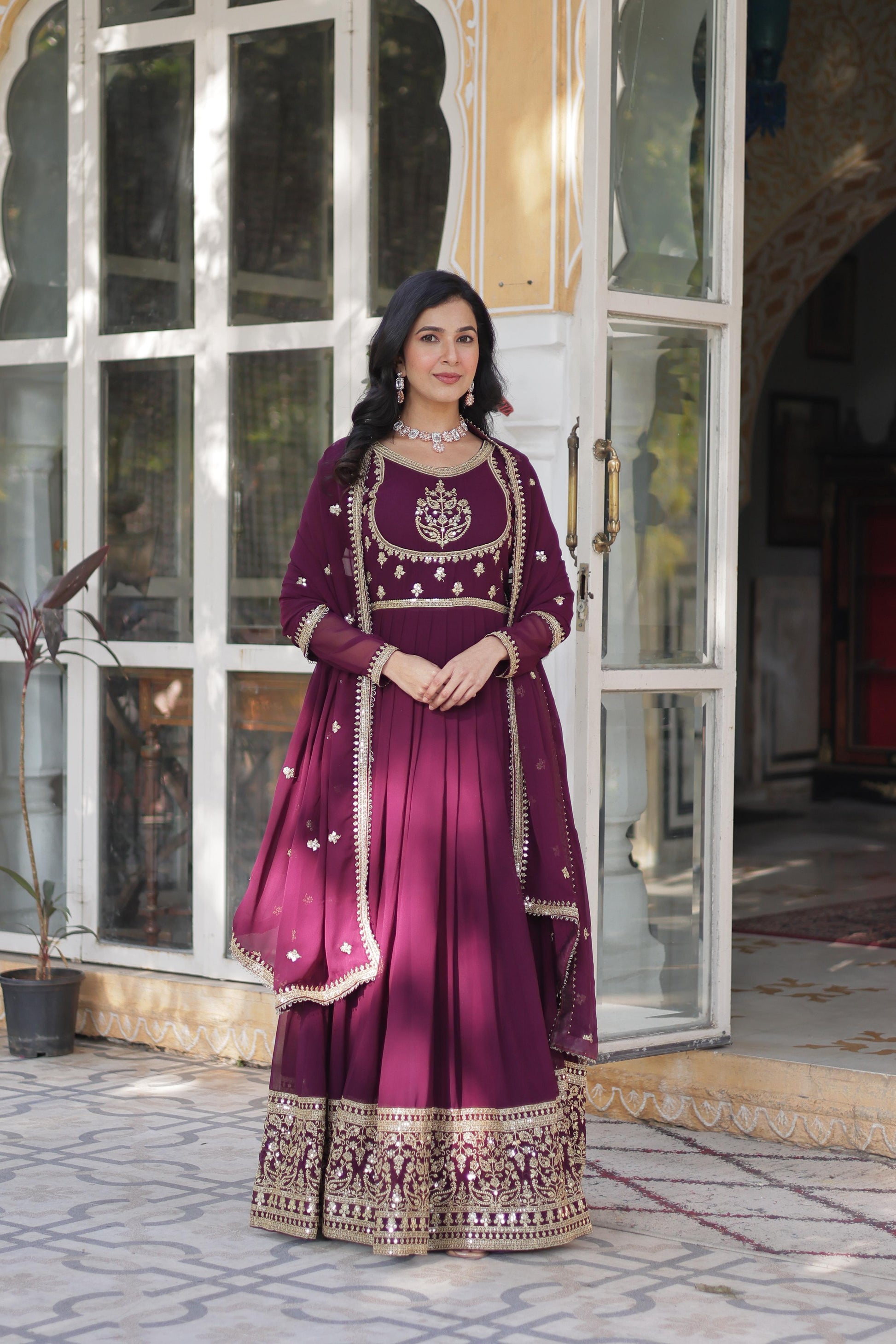 Wine color georgette long gown with dupatta online