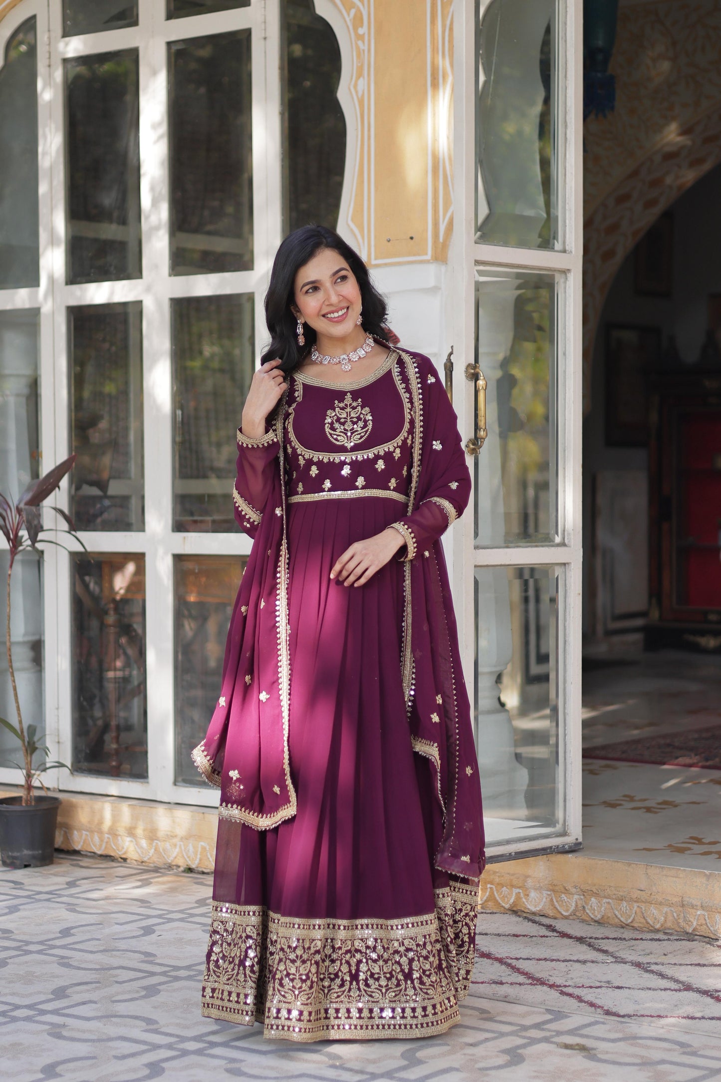 Wine color georgette long gown with dupatta online shopping