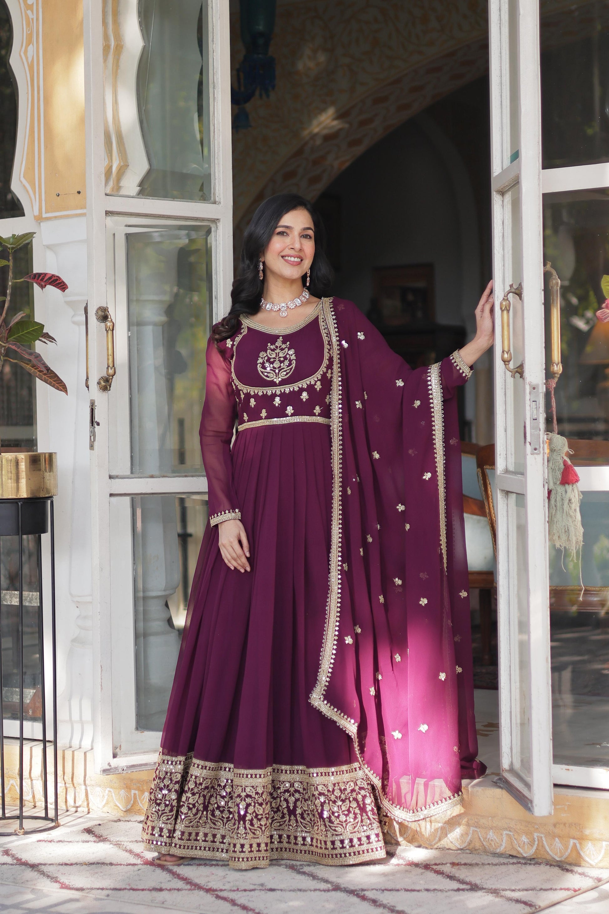 Wine color georgette long gown for women