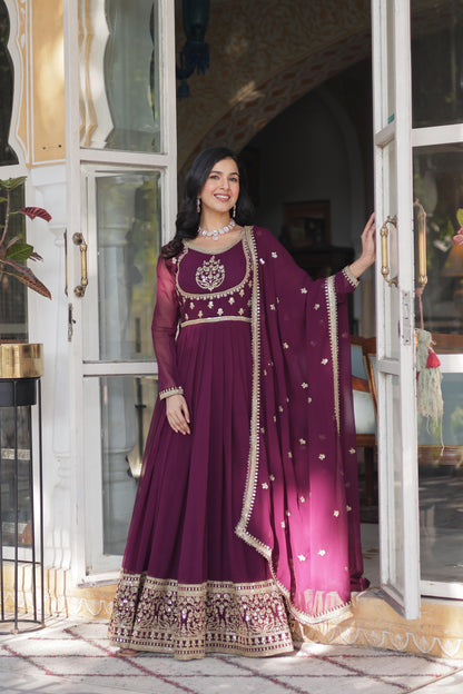 Wine color georgette long gown for women