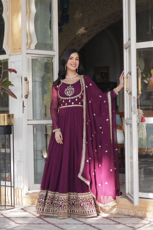 Wine color georgette long gown for women