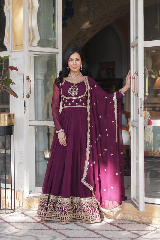 Wine color georgette long gown with dupatta price