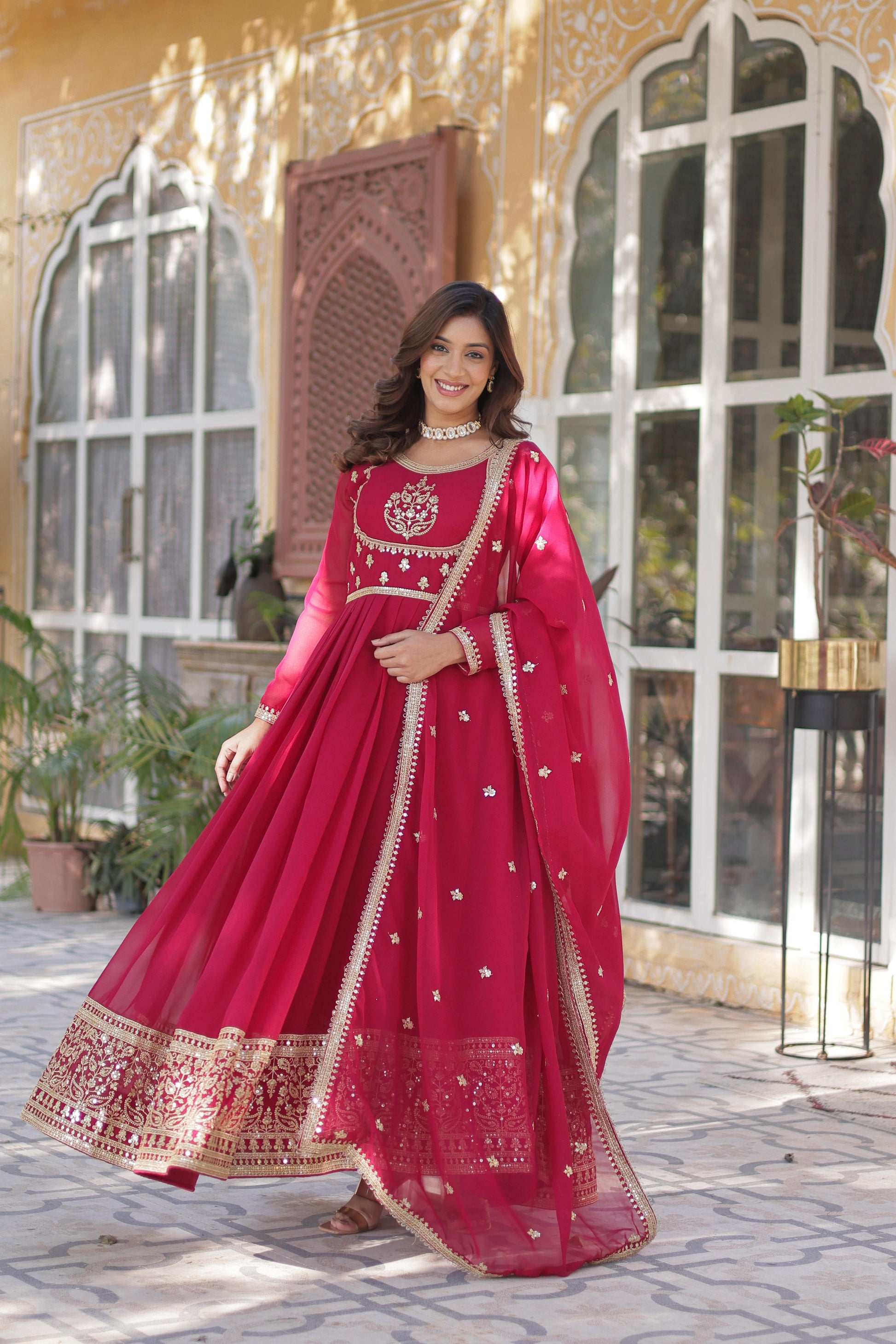 Pink color georgette long gown with dupatta