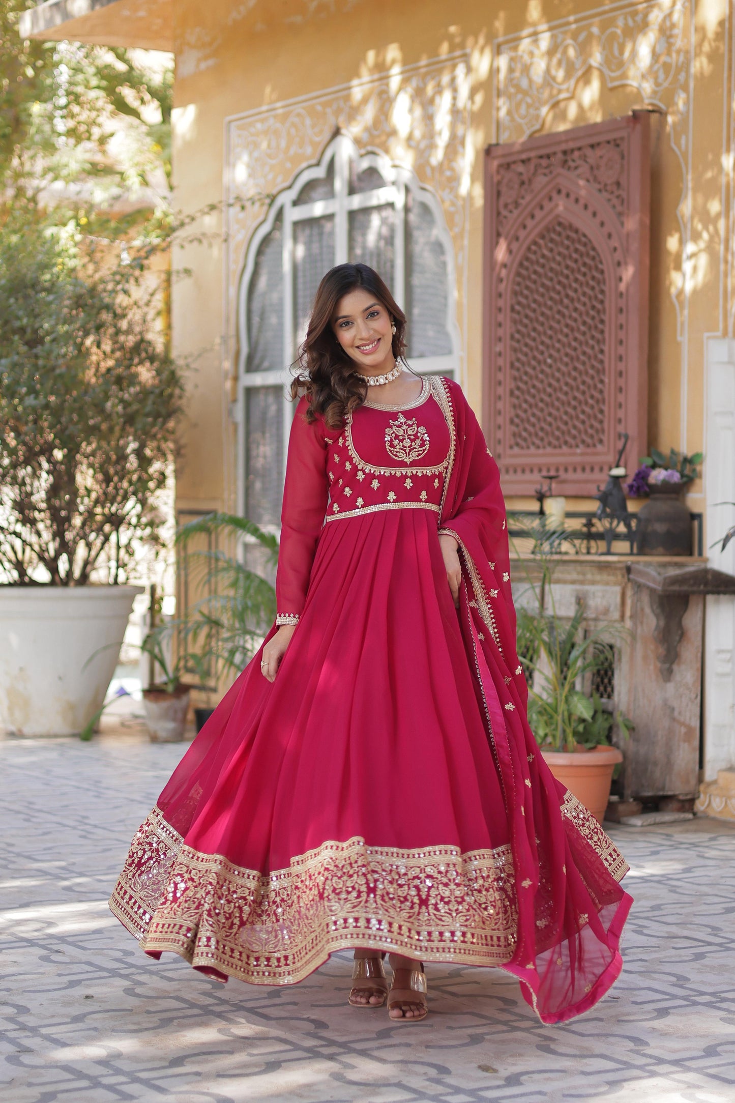 Pink color georgette long gown with dupatta price
