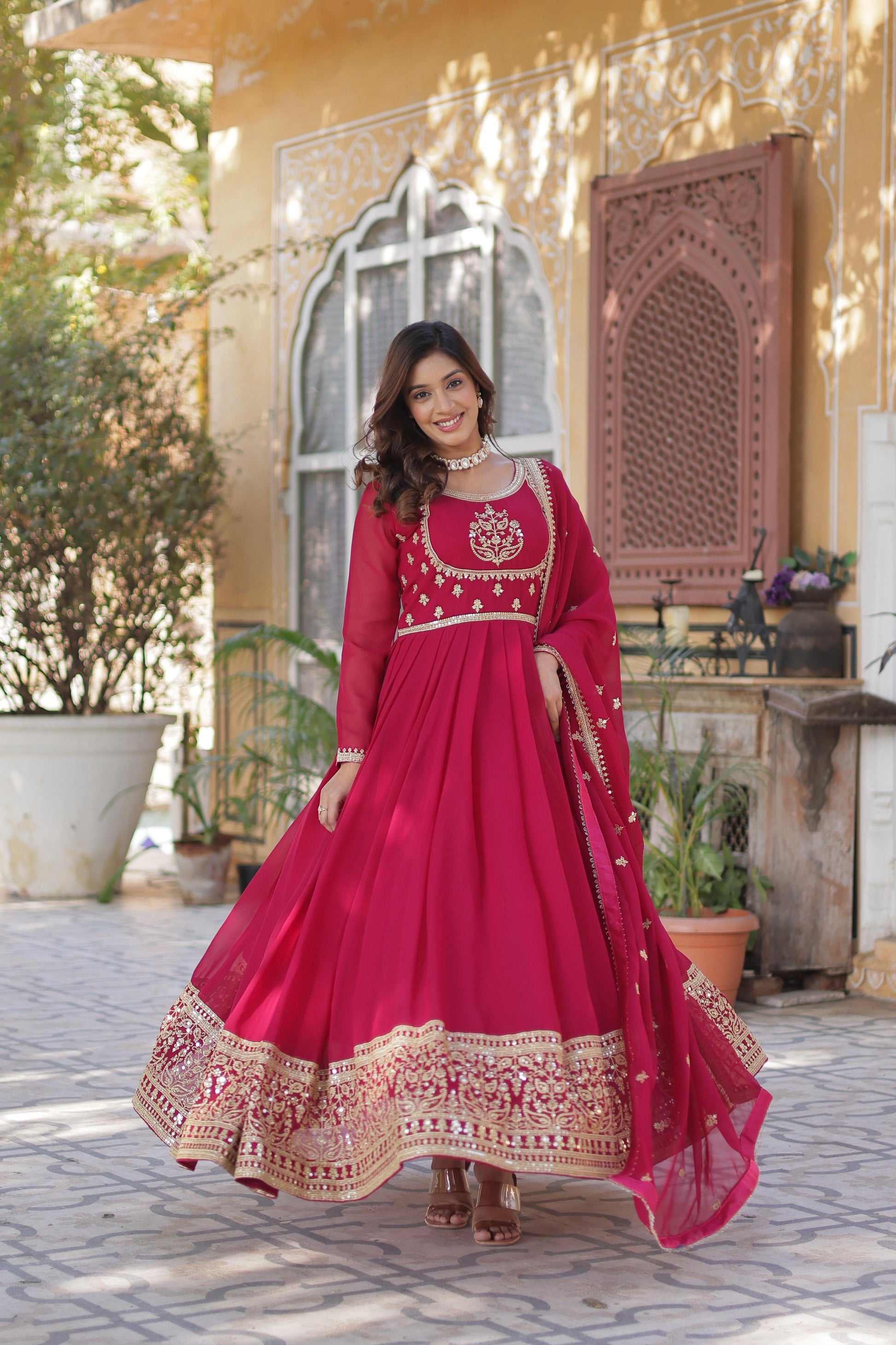 Pink color georgette long gown with dupatta price