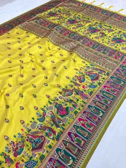 Yellow color pashmina silk saree with blouse price