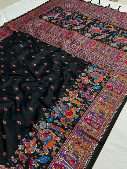 Black color pashmina silk saree with blouse images