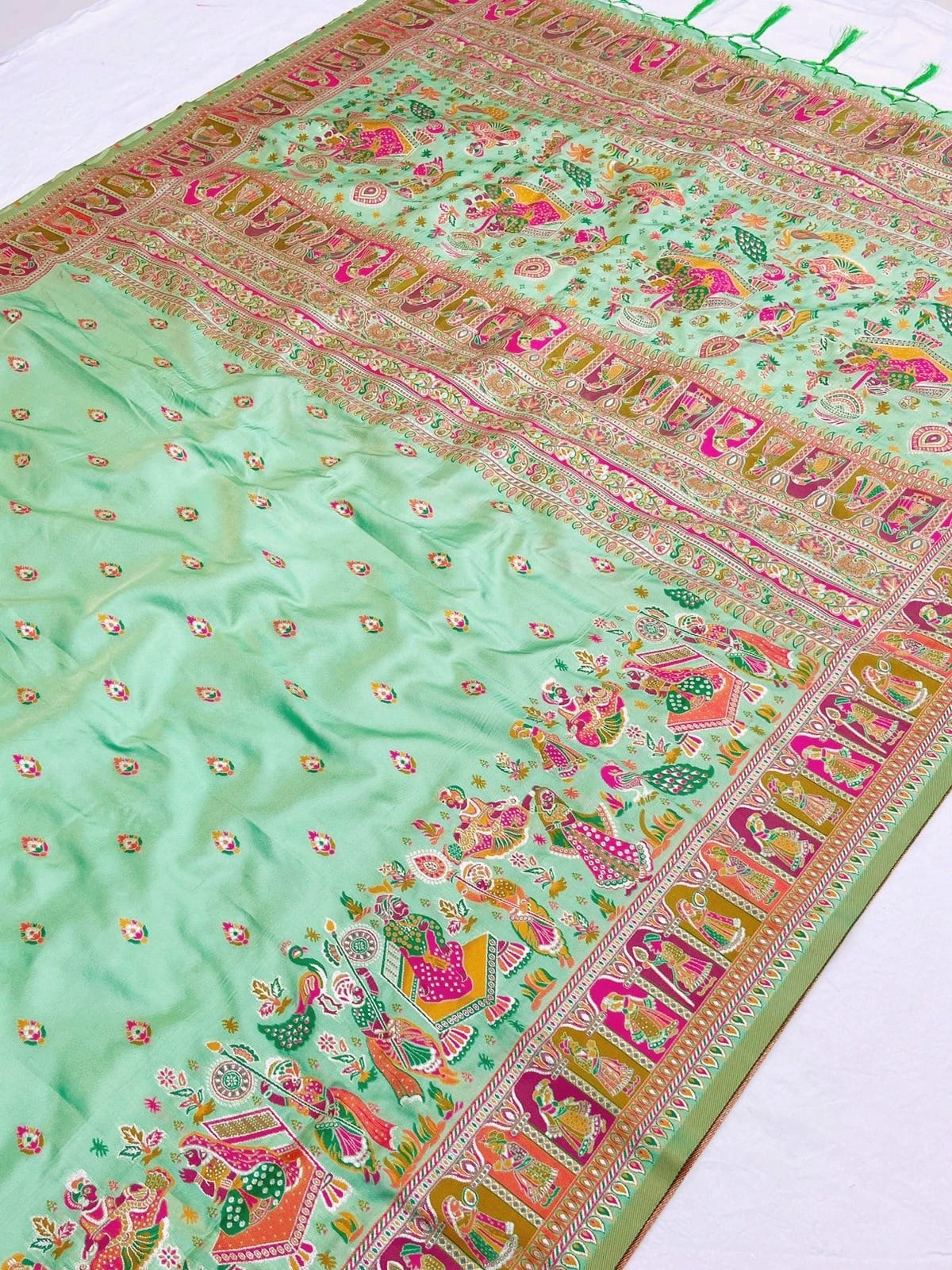 Rama color pashmina silk saree with blouse online price