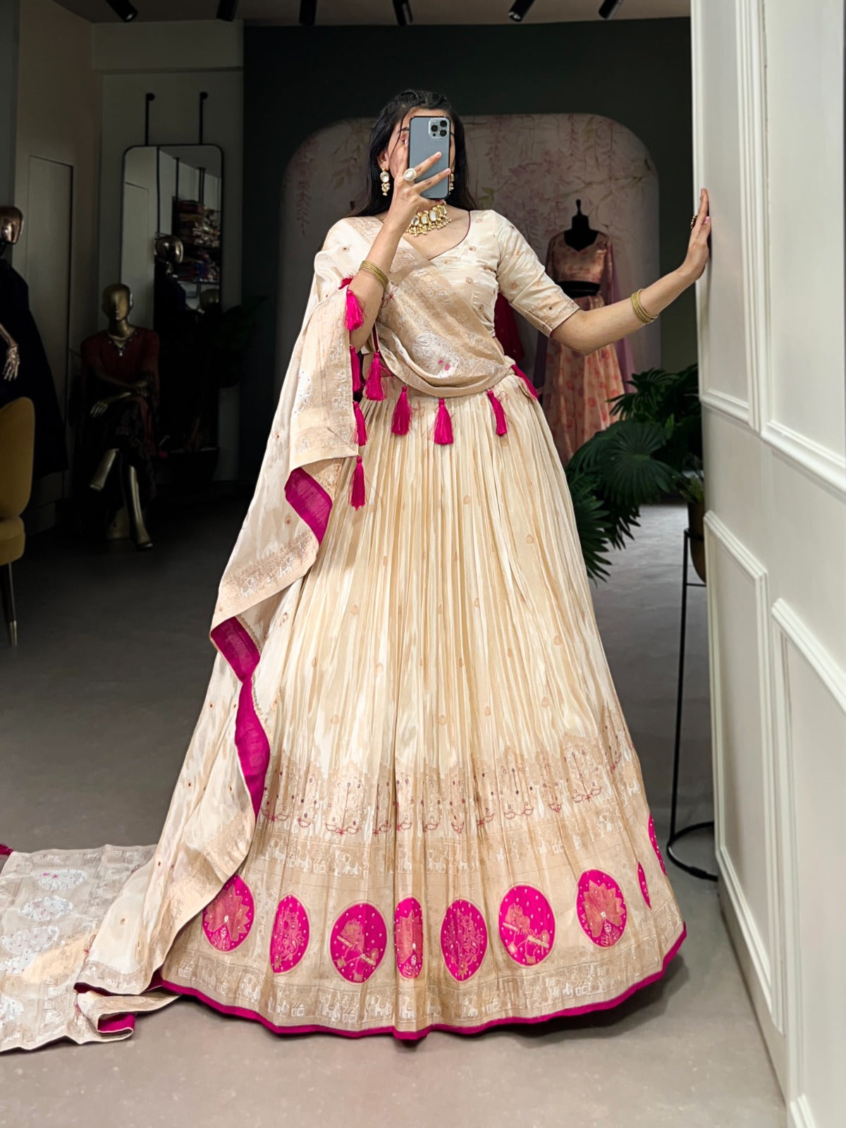 Pink color pure shimmer lehenga choli for women with price
