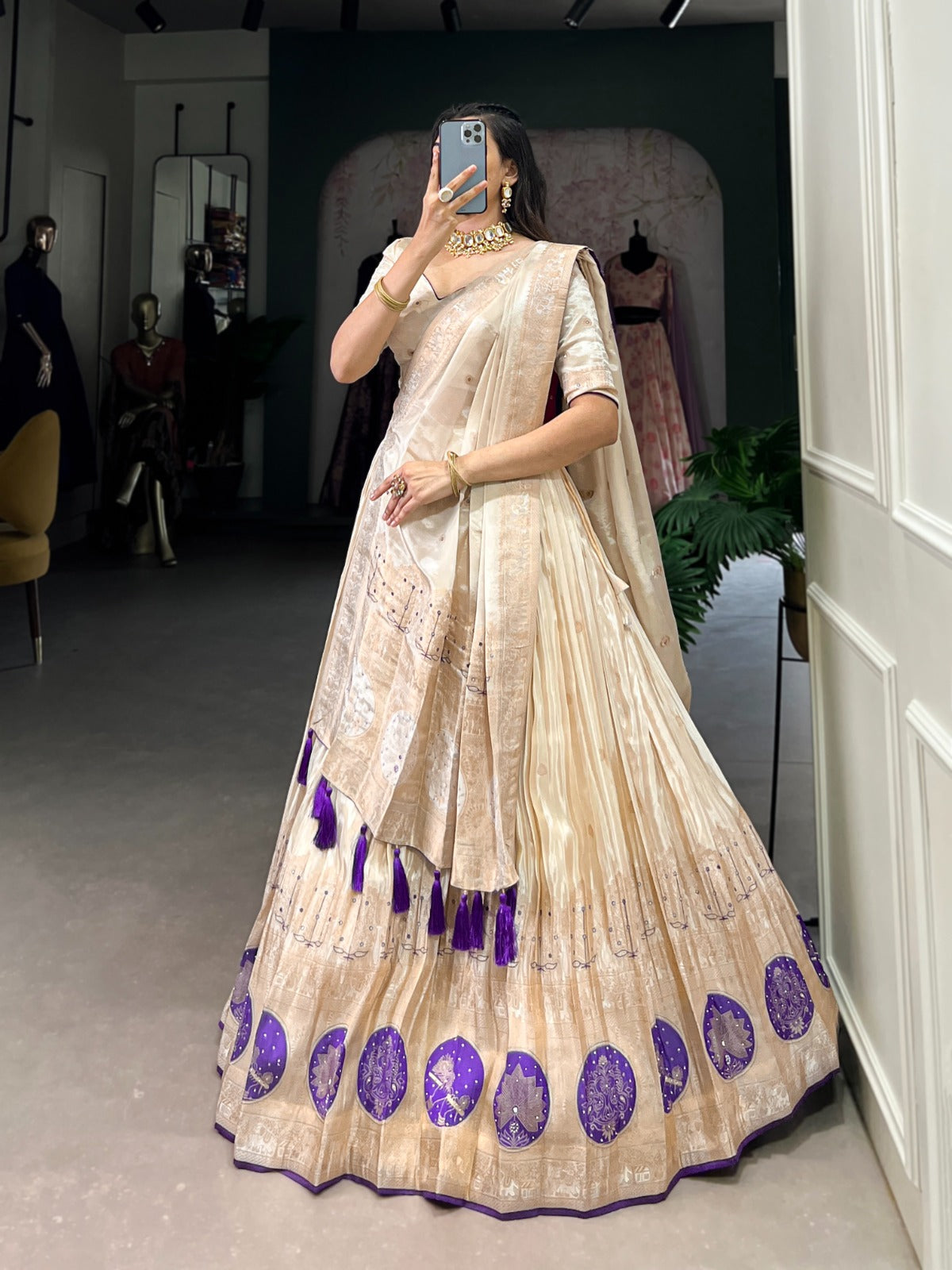 Purple color pure shimmer lehenga choli for wedding
