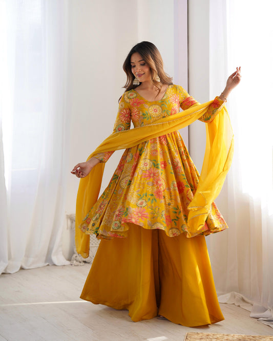 Yellow color chanderi sharara suit for women