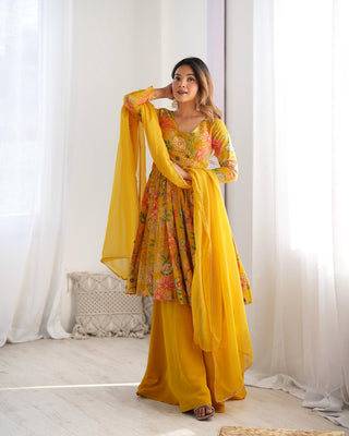 Yellow color roman silk chanderi sharara suit with dupatta online shopping