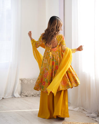 Yellow color roman silk chanderi sharara suit with dupatta for party