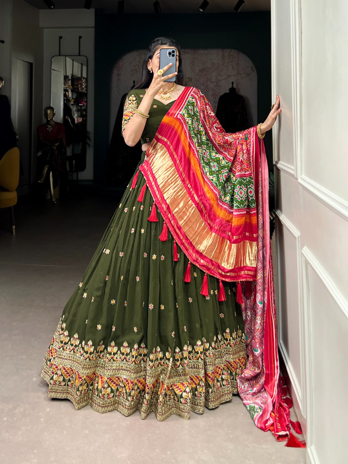 Green color georgette lehenga choli for women