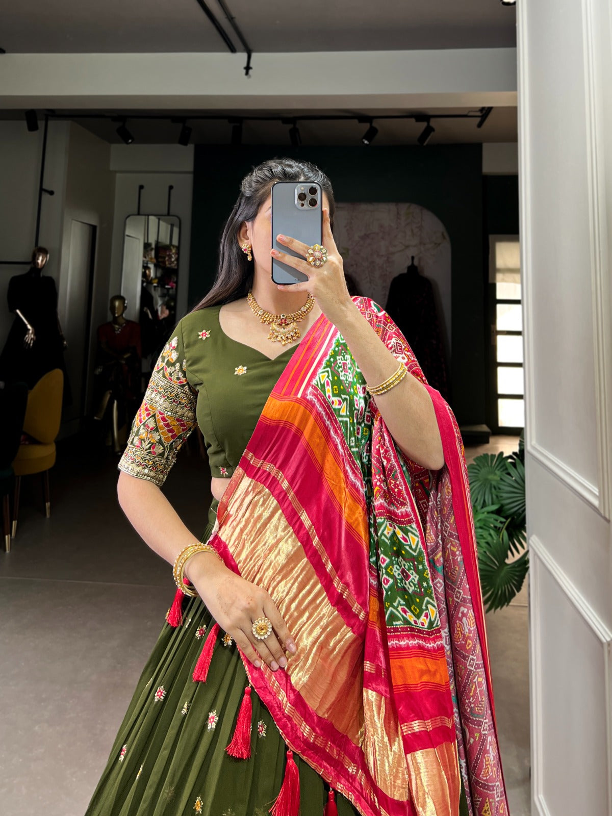 Green color georgette lehenga choli with dupatta images