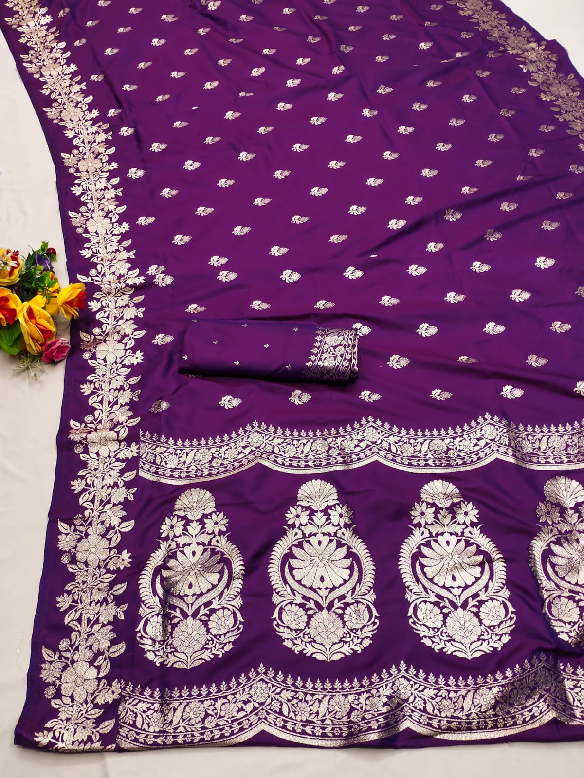 Purple color banarasi silk saree for wedding