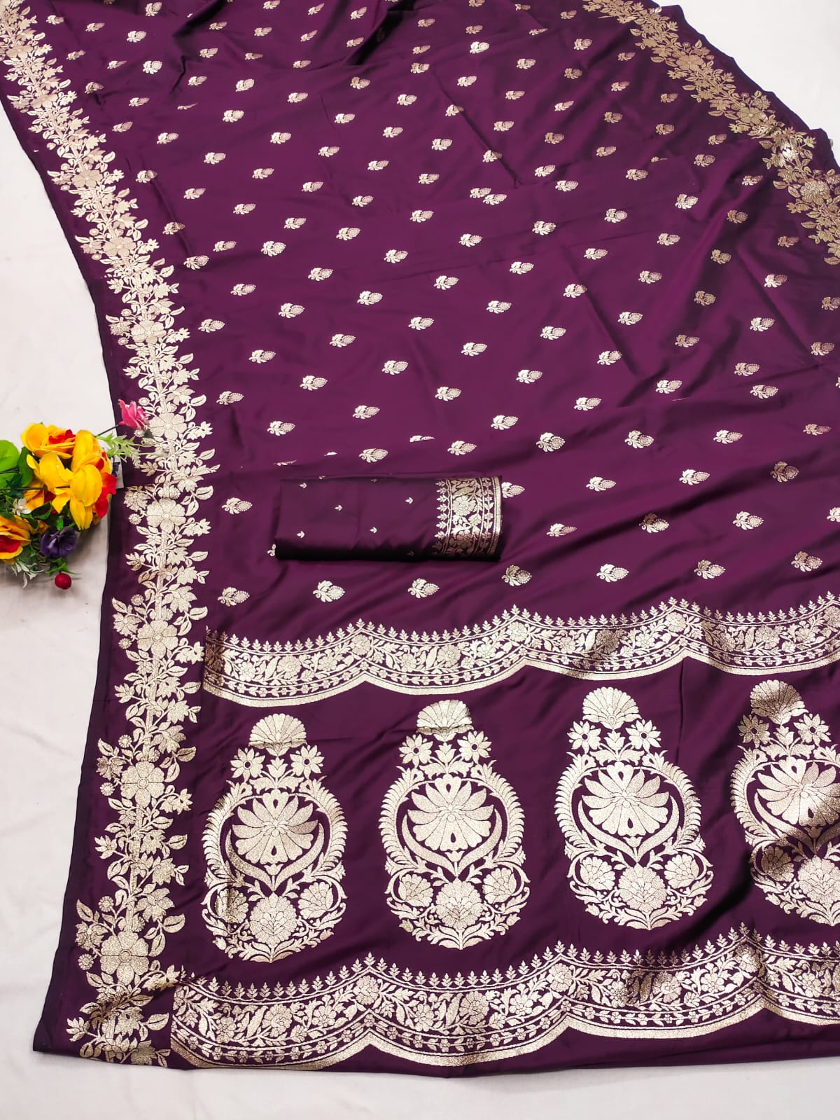 Wine color banarasi silk saree with blouse online