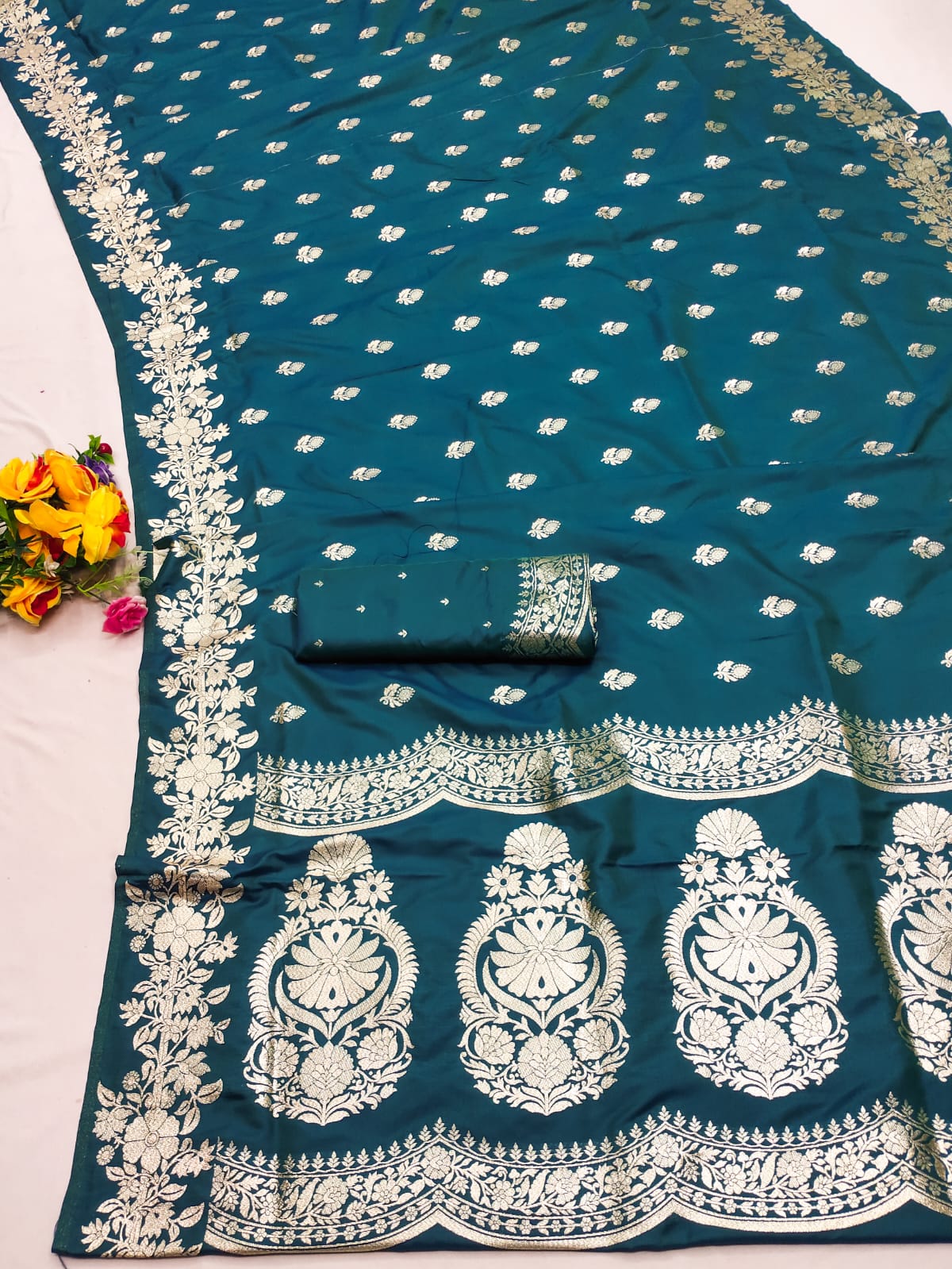 Teal color banarasi silk saree with blouse online