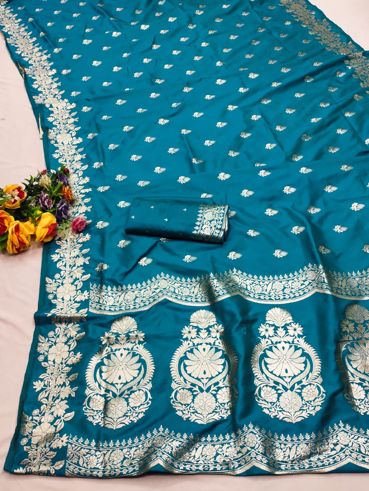 Rama color banarasi silk saree with blouse price 