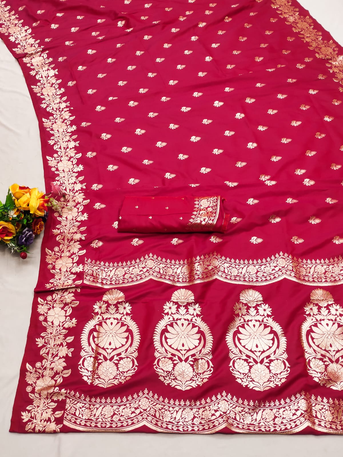 pink color banarasi silk saree with blouse design 