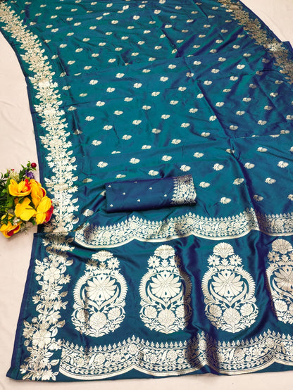 Teal color banarasi silk saree with blouse online
