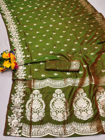 Mehendi color banarasi silk saree with blouse online shopping