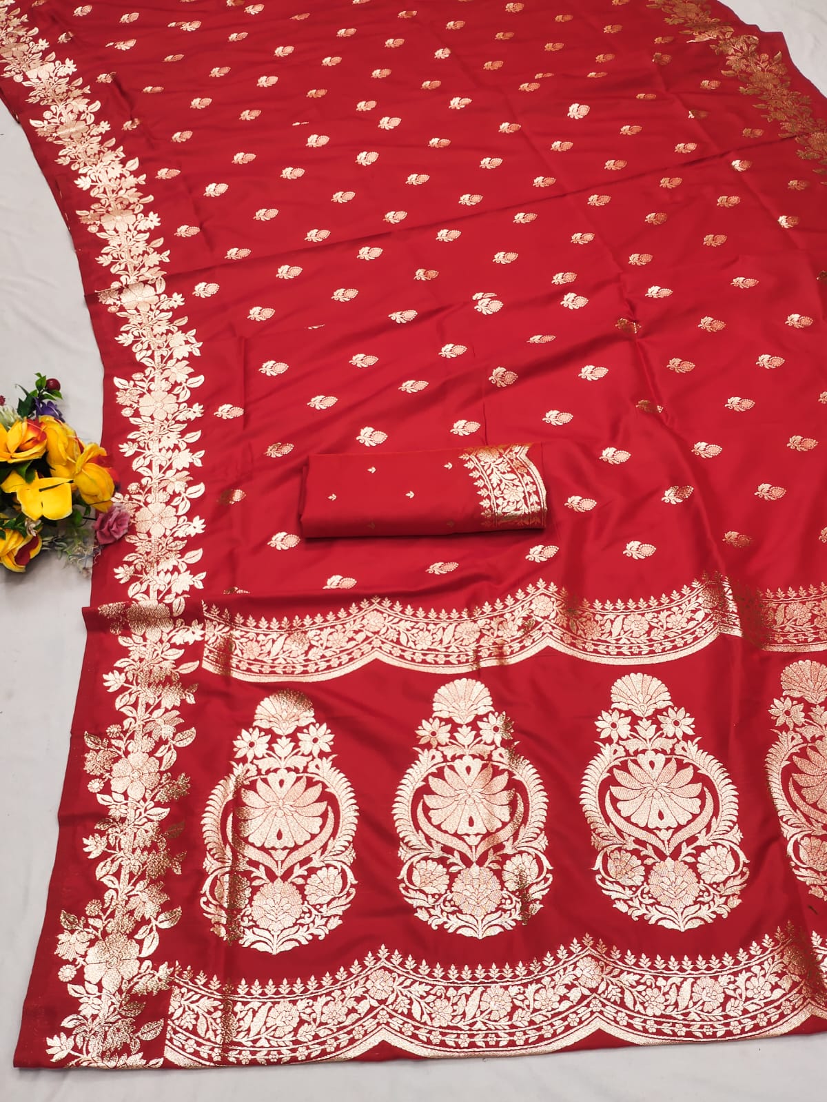 Red color banarasi silk saree with blouse price