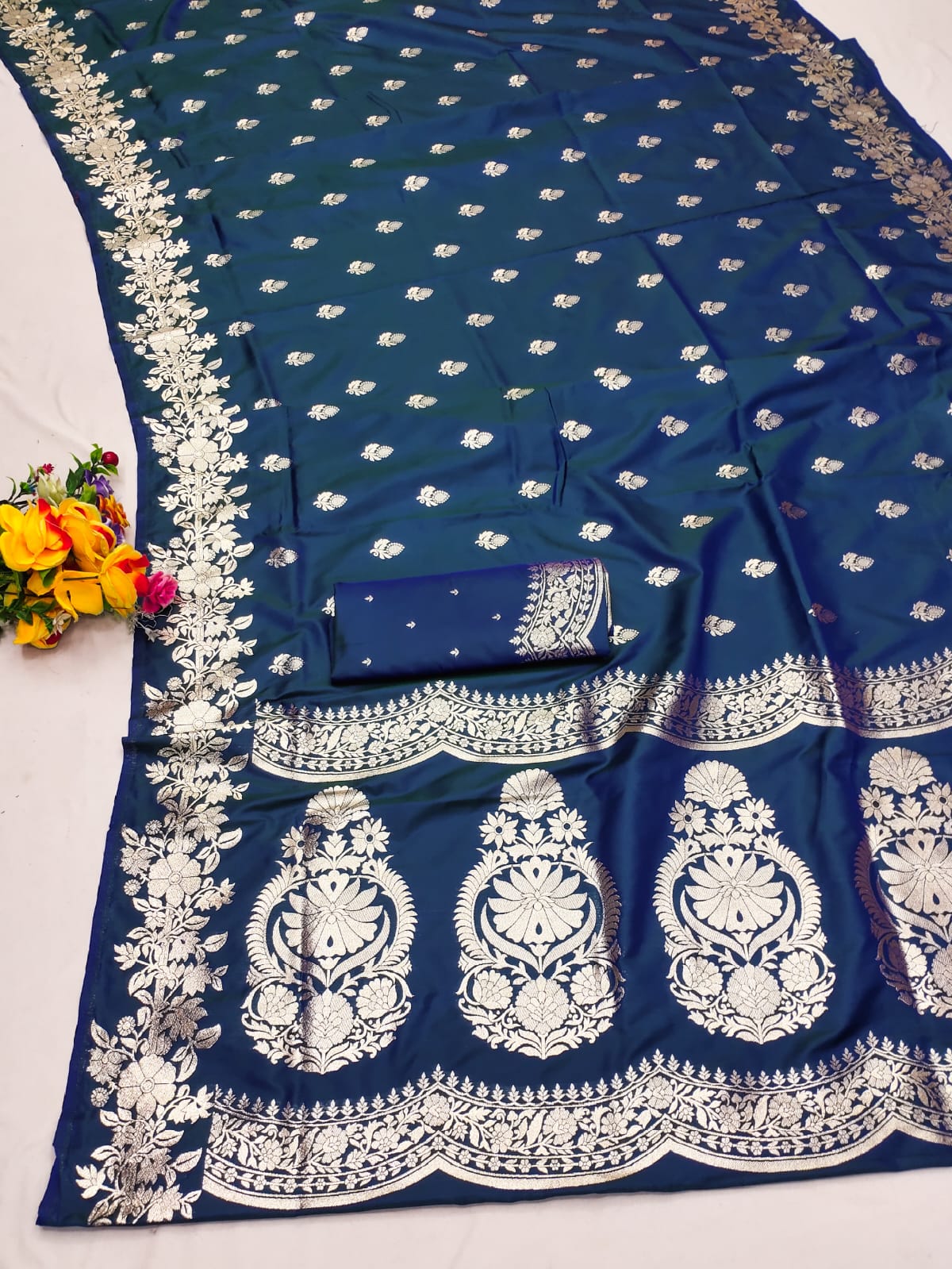 Peacock Blue color banarasi silk saree with blouse design
