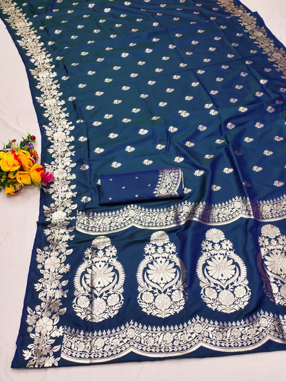 Peacock Blue color banarasi silk saree with blouse design