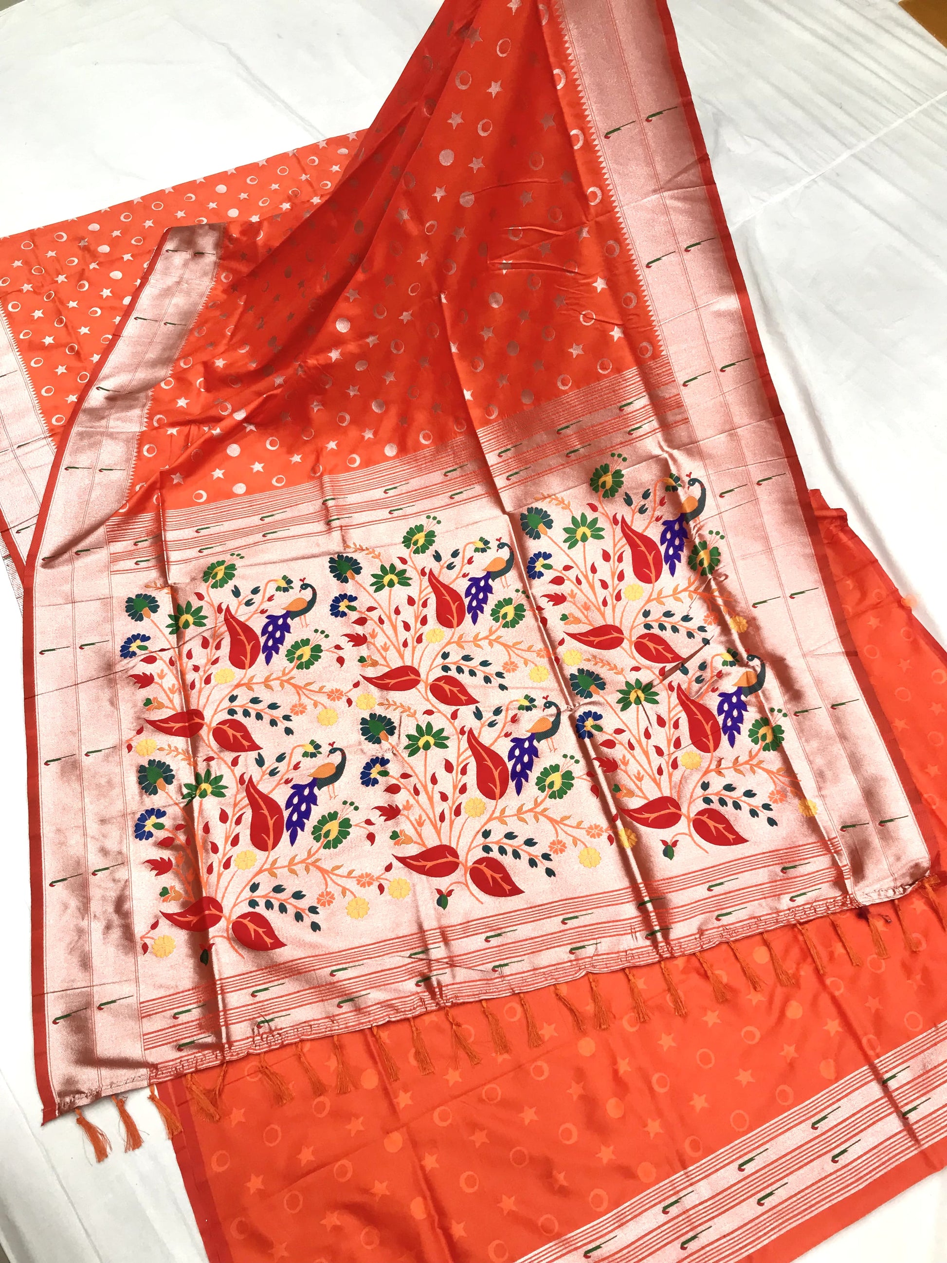 Orange color paithani silk saree for women