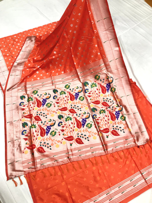 Orange color paithani silk saree for women