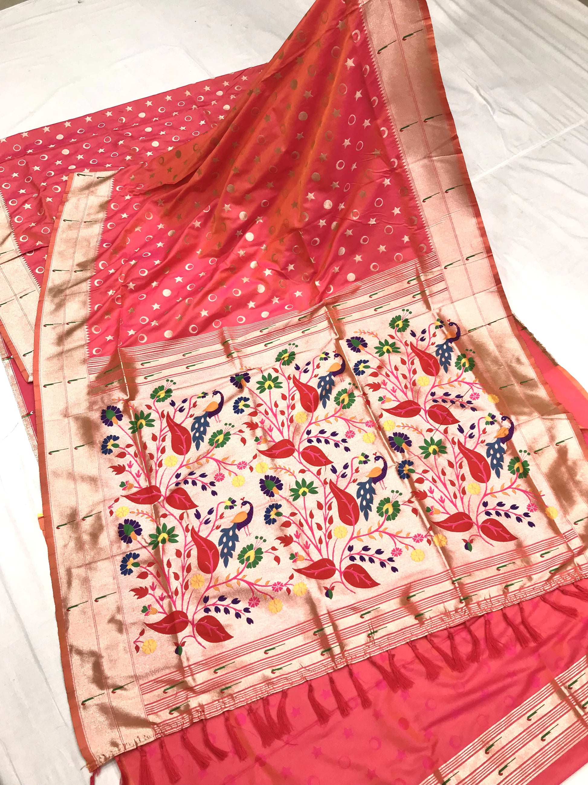 Peach color paithani silk weaving saree with blouse online shopping